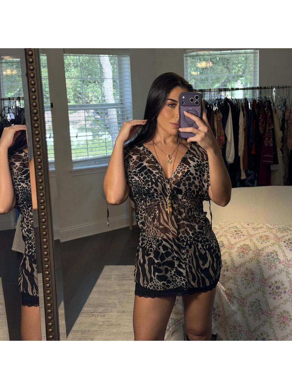 Y2K Sheer Animal Print Tunic Top Leopard Zebra Boho Festival Beach Cover M